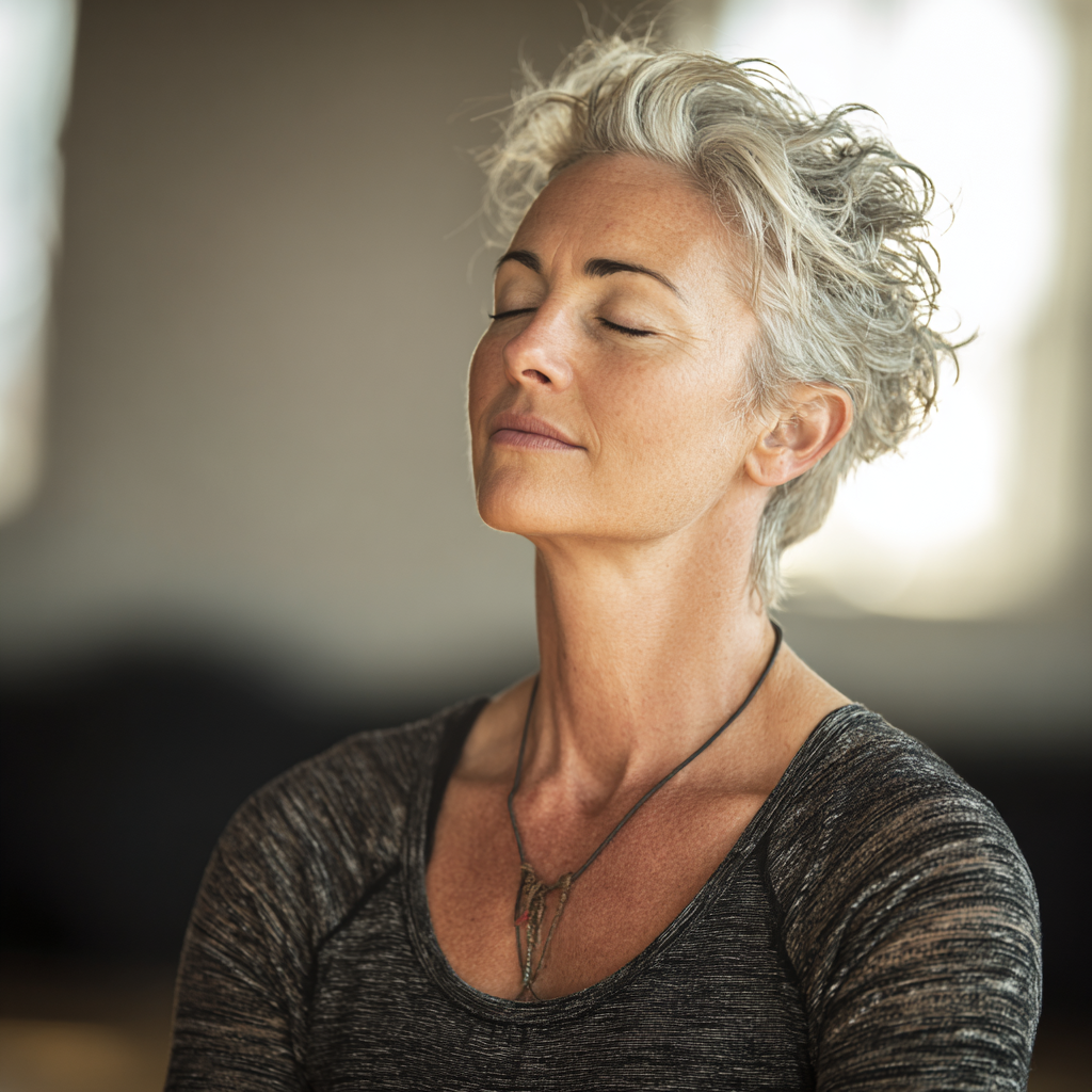 Mature woman in serene yoga meditation pose demonstrating inner peace and mindfulness